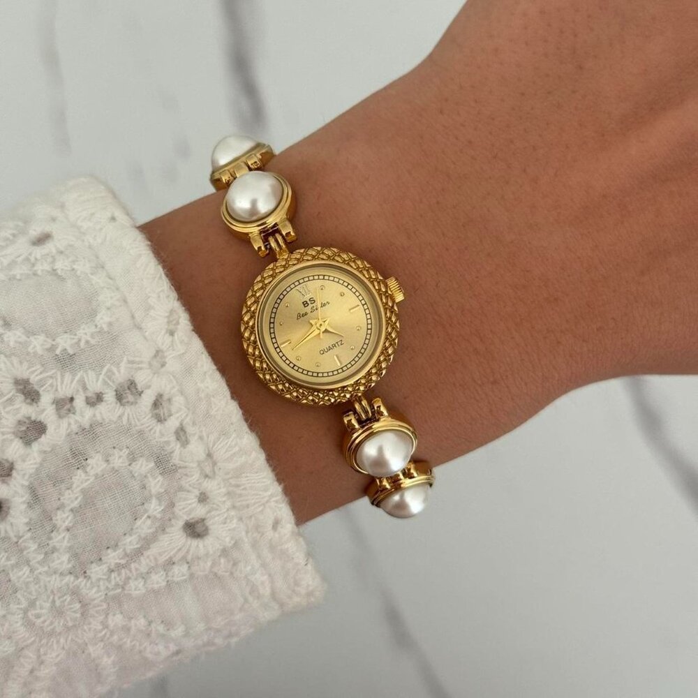 Sku0186 Retro Gold/White Pearls Women Sun Shape Watch Stainless steel + gift bag